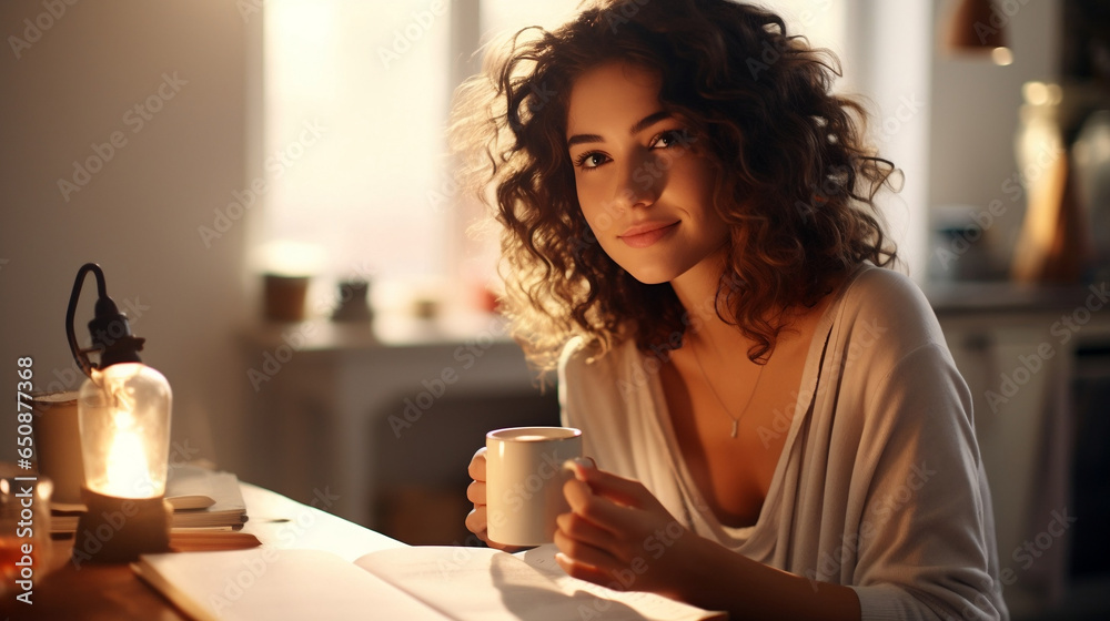 Woman reading a book and drinking coffee at home  - obrazy, fototapety, plakaty 