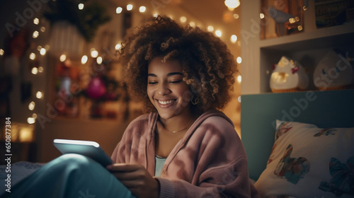 Young teen girl shopping at home, watching to her phone, home atmosphere. African american Woman with short haircut smiling, snow winter Christmas concept