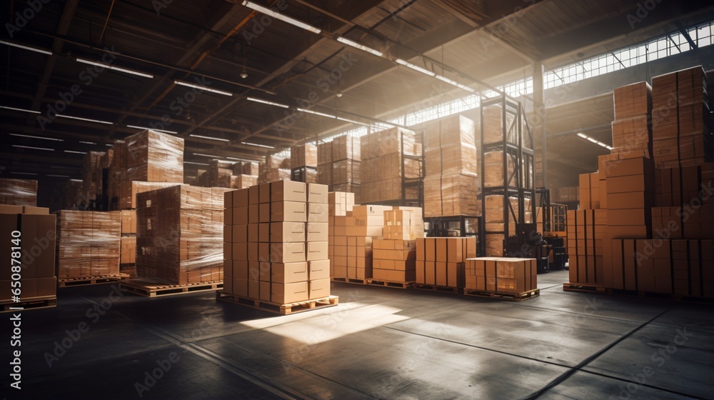 A warehouse full of boxes and pallets. A warehouse full of boxes and pallets.