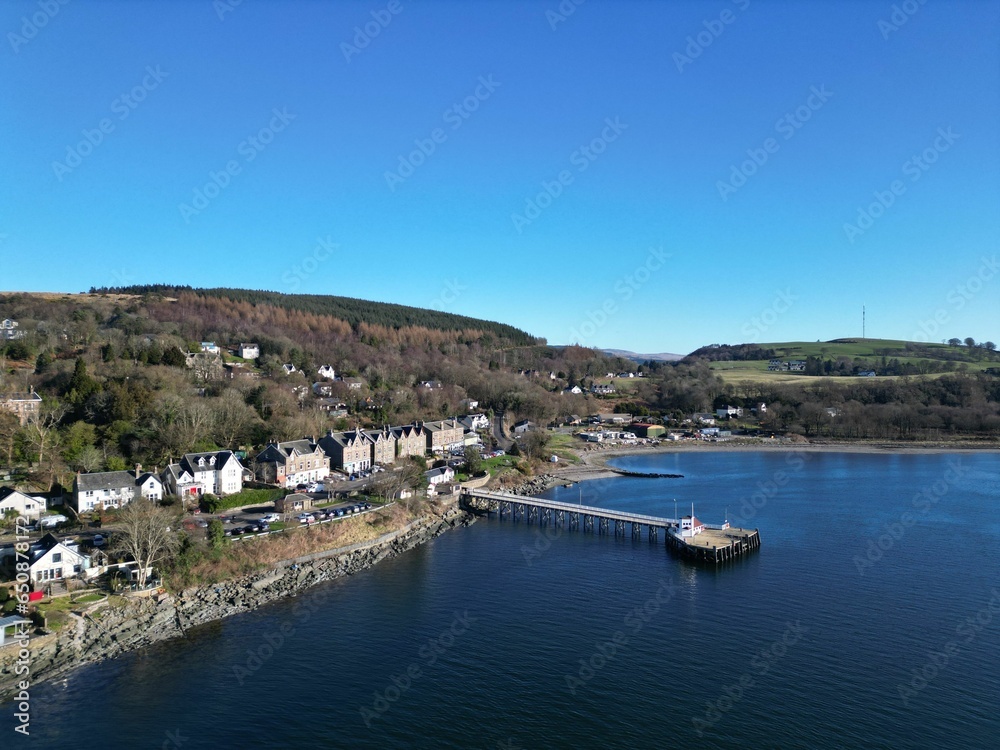 Aerial view of Kilcreggan Harbor in Scotland