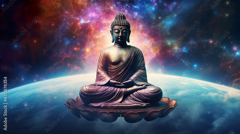 Buddha statue with colorful universe space background