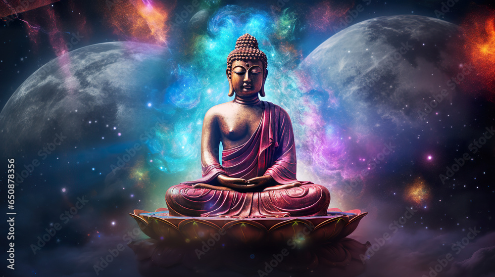 Buddha statue with colorful universe space background Buddha statue with colorful universe space background