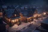 Winter village at night. Small houses in the snow. Christmas landscape. Snowy street in the old town. Winter fairy tale castle at night. Fairy tale castle in winter..