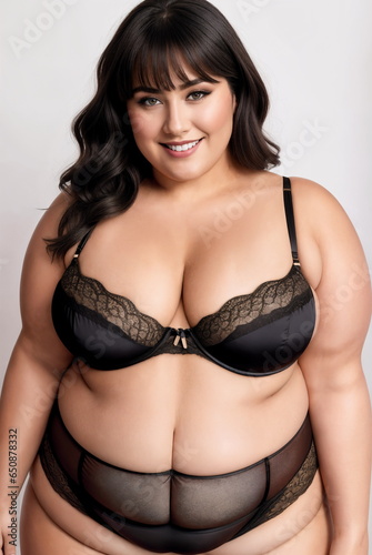 Beauty curve plus size fat woman in a black underwear lingerie in studio shot.Long dark hair.Digital creative designer fashion art.