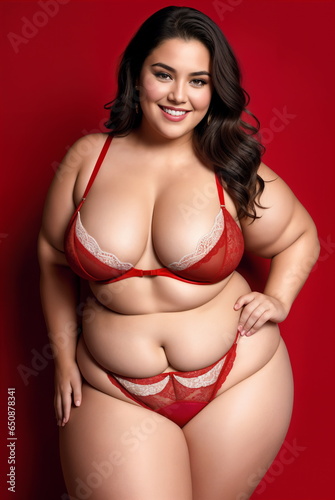 Beauty curve plus size fat woman in a red underwear lingerie in studio shot.Long dark hair.Digital creative designer fashion art.