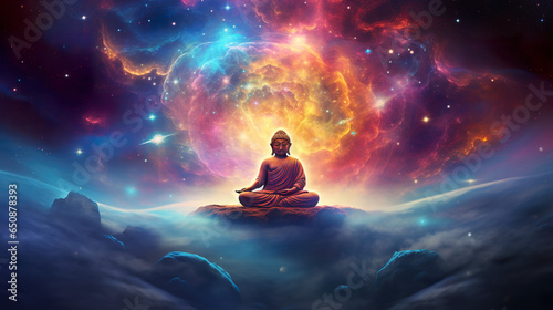 Buddha statue with colorful universe space background