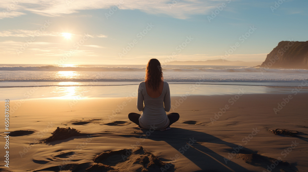 Long haired woman practicing mindfulness and meditation on the beach