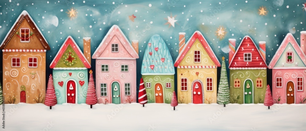 Colorful xmas houses with a bunch of colorful decorations