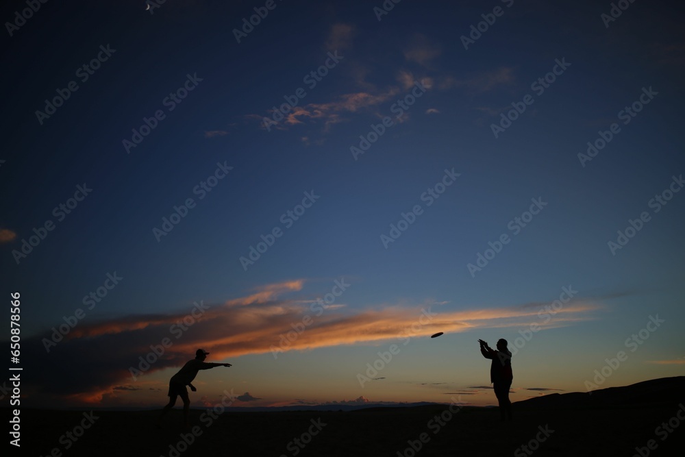 Silhouetted men enjoying the sunset and playing frisbee on a beach