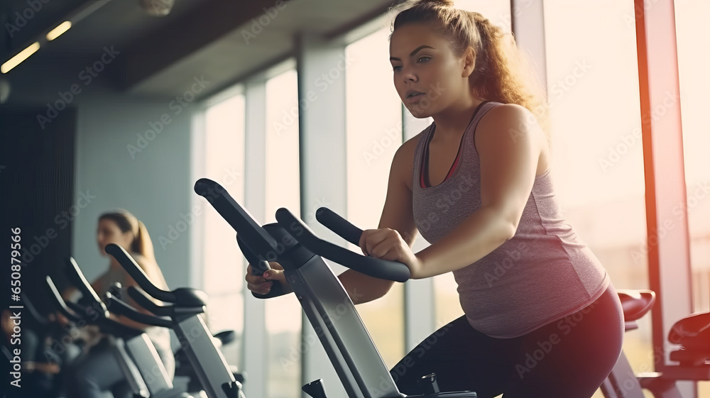 Overweight woman working out on a stationary bicycle.generative ai Overweight woman working out on a stationary bicycle.generative ai