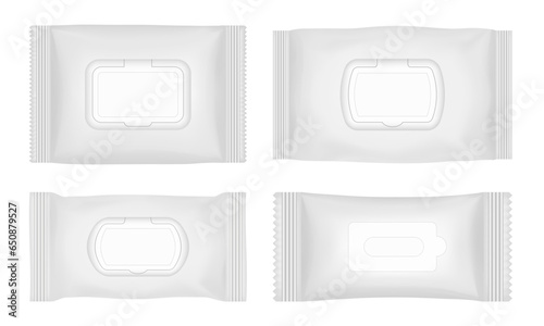 Wet wipes packaging with flap. White flow pack mockup. Pouch of wet toilet tissue. Antibacterial napkins.
