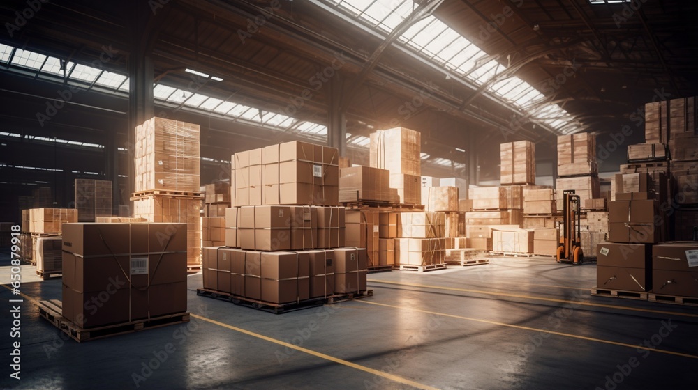 A warehouse full of boxes and pallets. A warehouse full of boxes and pallets.