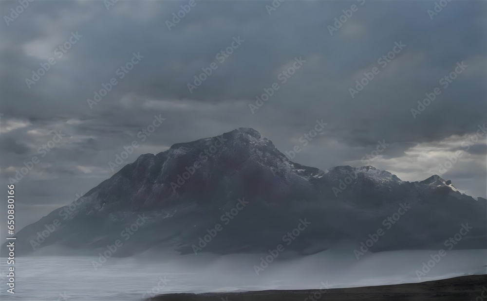 Illustration of an ocean by scenic mountains on a moody day with dramatic clouds