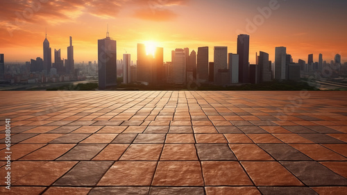 Empty brick floor with cityscape and skyline background.generative ai