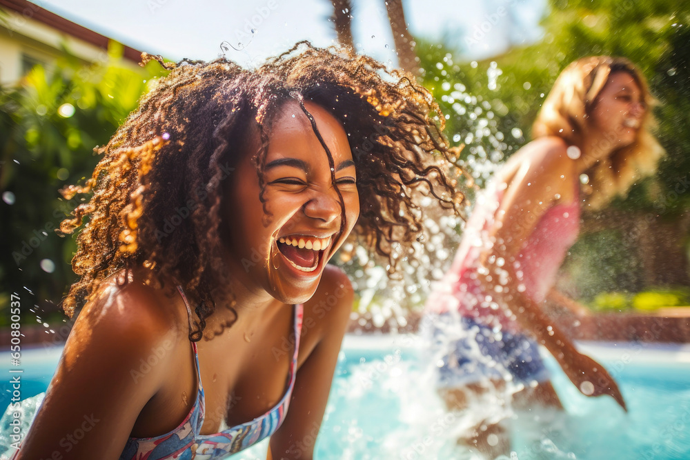 Two diverse teenage girl friends laughing and splashing water in a swimming pool. Enjoying a carefree pool party, showcasing friendship, joy, and summer fun - obrazy, fototapety, plakaty 