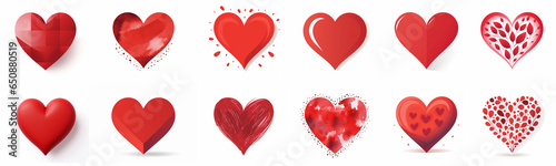 collection of different shapes simple red hearts on a white background, love symbols, generative AI 