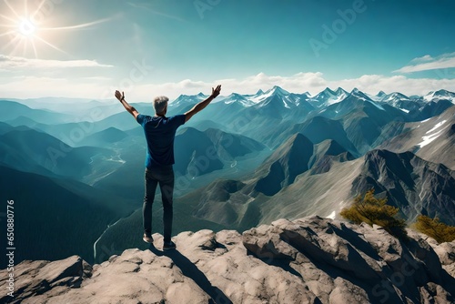 Positive man celebrating on mountain top, with arms raised up, Generative AI illustration