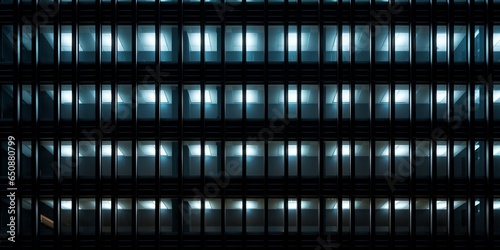 Nighttime view of a blue-tinted, seamless skyscraper facade. Exposed concrete and glass form the framework of a futuristic office structure, illuminated by neon signs set against a black background.