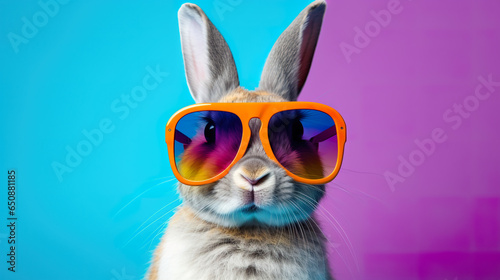 A stylish rabbit wearing sunglasses against a vibrant background