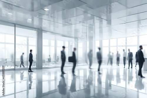 blurred business people in white glass office background, Generative AI