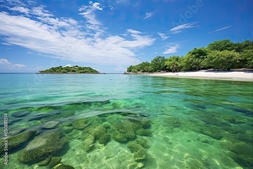 Green Ocean Paradise at West Bay Beach in Roatan  Honduras. Serene Coastline and Beautiful Shoreline in Central America. Horizontal View of Huge Tropical Beach