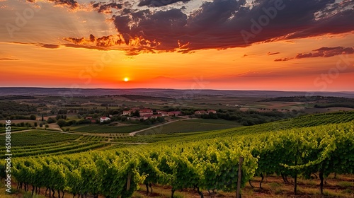 Emilia Romagna Vineyards at Sunset: Stunning Landscape of Levizzano Rangone Vinery and Agriculture Fields with Grape Vines and Green Nature photo