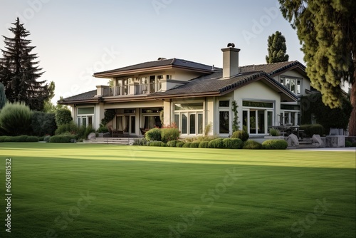 Front View of Large Beige House with Green Grass on Property in Paseo - Exterior of Beautiful Home © AIGen