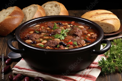 Hearty Bean Soup with Beef and Pork Meat in Tomato Base. Epicure's Delightful Black Bean Stew with Red Beans and Flavors