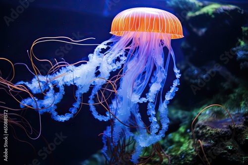 Mesmerizing Blue Jellyfish Swimming in Water | Close-Up Image of Colourful Jellyfish at Zoo in April photo
