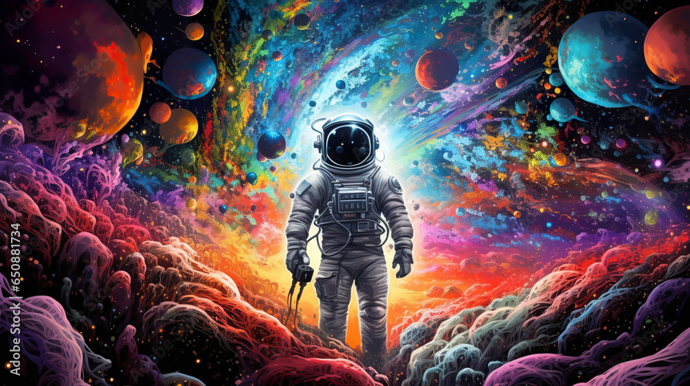 A stunning artwork featuring an astronaut within a vibrant bubble-filled galaxy on an alien planet, created using Generative AI techniques. An artistic expression in the realm of Pop Art A stunning artwork featuring an astronaut within a vibrant bubble-filled galaxy on an alien planet, created using Generative AI techniques. An artistic expression in the realm of Pop Art