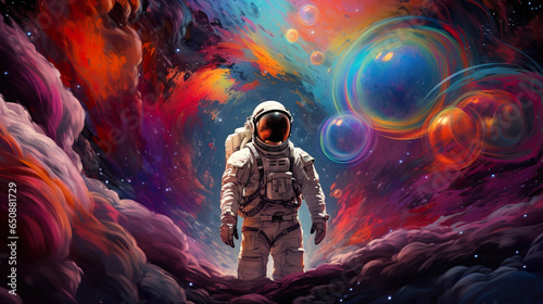 A stunning artwork featuring an astronaut within a vibrant bubble-filled galaxy on an alien planet, created using Generative AI techniques. An artistic expression in the realm of Pop Ar © Vlad
