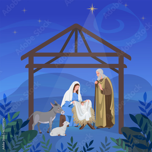 Merry Christmas,christmas card with holy family and animals, holy night. vector illustration.