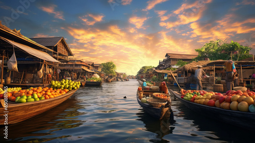 thai floating market with beautiful sky with clear water and fruits on the boat background generative ai photo