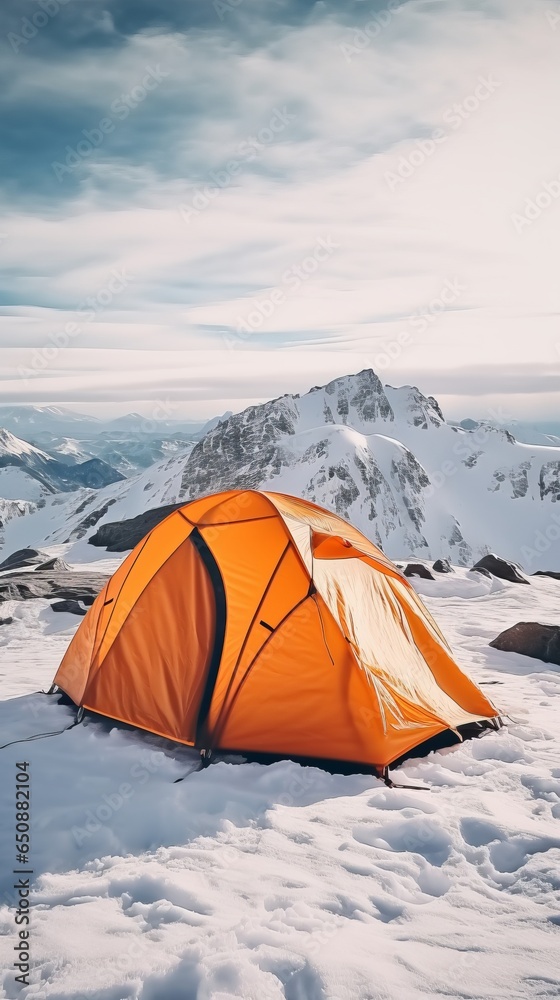 A tent pitched in the snowy mountains