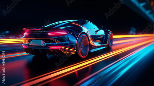 view of Sports Car On Neon Highway. Powerful acceleration of a supercar on a black night. © LomaPari2021