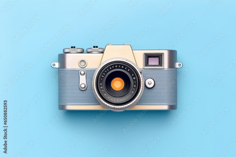 World Photography Day camera on blue background top view