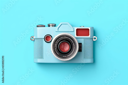 World Photography Day camera on blue background top view