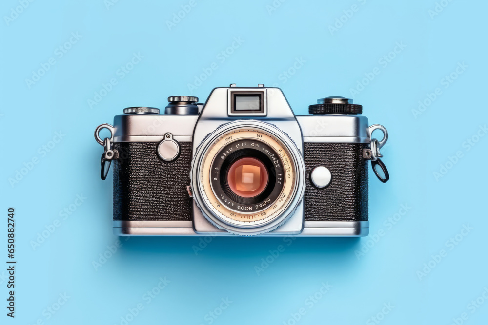 World Photography Day camera on blue background top view World Photography Day camera on blue background top view