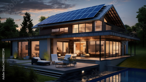 A residence equipped with solar panels on its roof, exemplifying the use of sustainable and clean energy at home © Vlad