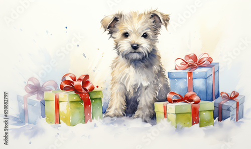 dog with Christmas presents. 