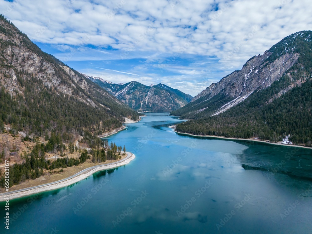 Aerial view of natural scenery near the Plansee Lake in Tyrol, Austria