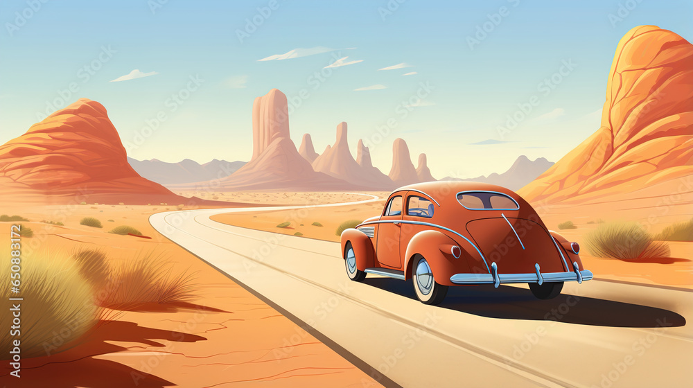 Obraz premium Retro poster showing a trip in an old classic car. Travel and freedom concept. Ai generative