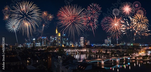 Vibrant night sky illuminated with a mesmerizing display of colorful fireworks in Frankfurt, Germany