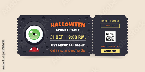 Halloween party ticket template. Illustration of a funny monster eye on a black background. Vector 10 EPS.