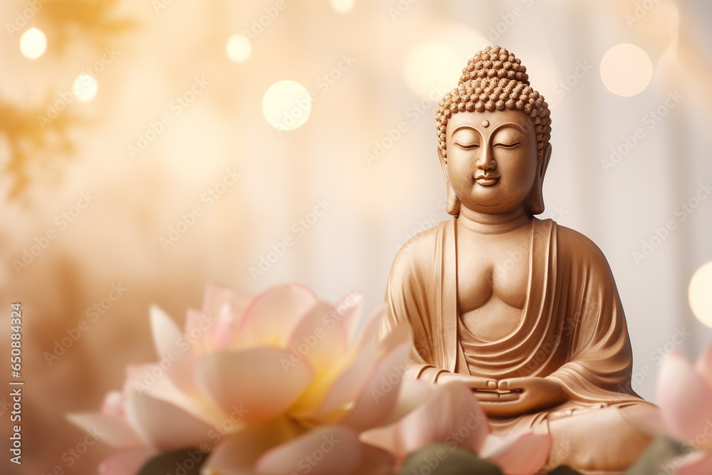 Buddha statue in meditation with lotus flower on light neutral background. Selective focus. Meditation, spiritual health, peace, searching zen concept