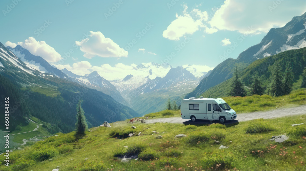 Nestled amidst the majestic peaks, a camper van stands as a testament to the allure of nature's embrace, epitomizing the quintessential summer outdoor escape..