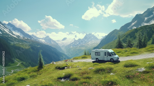 Nestled amidst the majestic peaks, a camper van stands as a testament to the allure of nature's embrace, epitomizing the quintessential summer outdoor escape.. © VK Studio