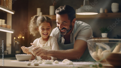 In the heart of the home, the kitchen, a joyful father and daughter duo bond over the art of baking, their laughter echoing with the warmth of shared moments.