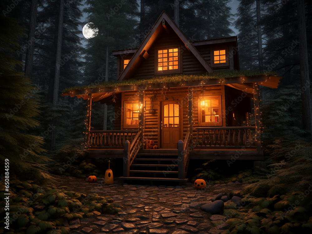 Enigmatic Halloween cabin drawing. AI Generation.