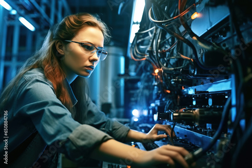 Confident female worker skillfully operating high-tech machinery in a modern automotive manufacturing